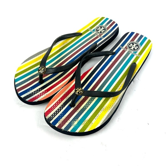 Tory Burch Flip Flop 10.5 Rubber Striped Slip On Sandal Womens - Picture 1 of 8